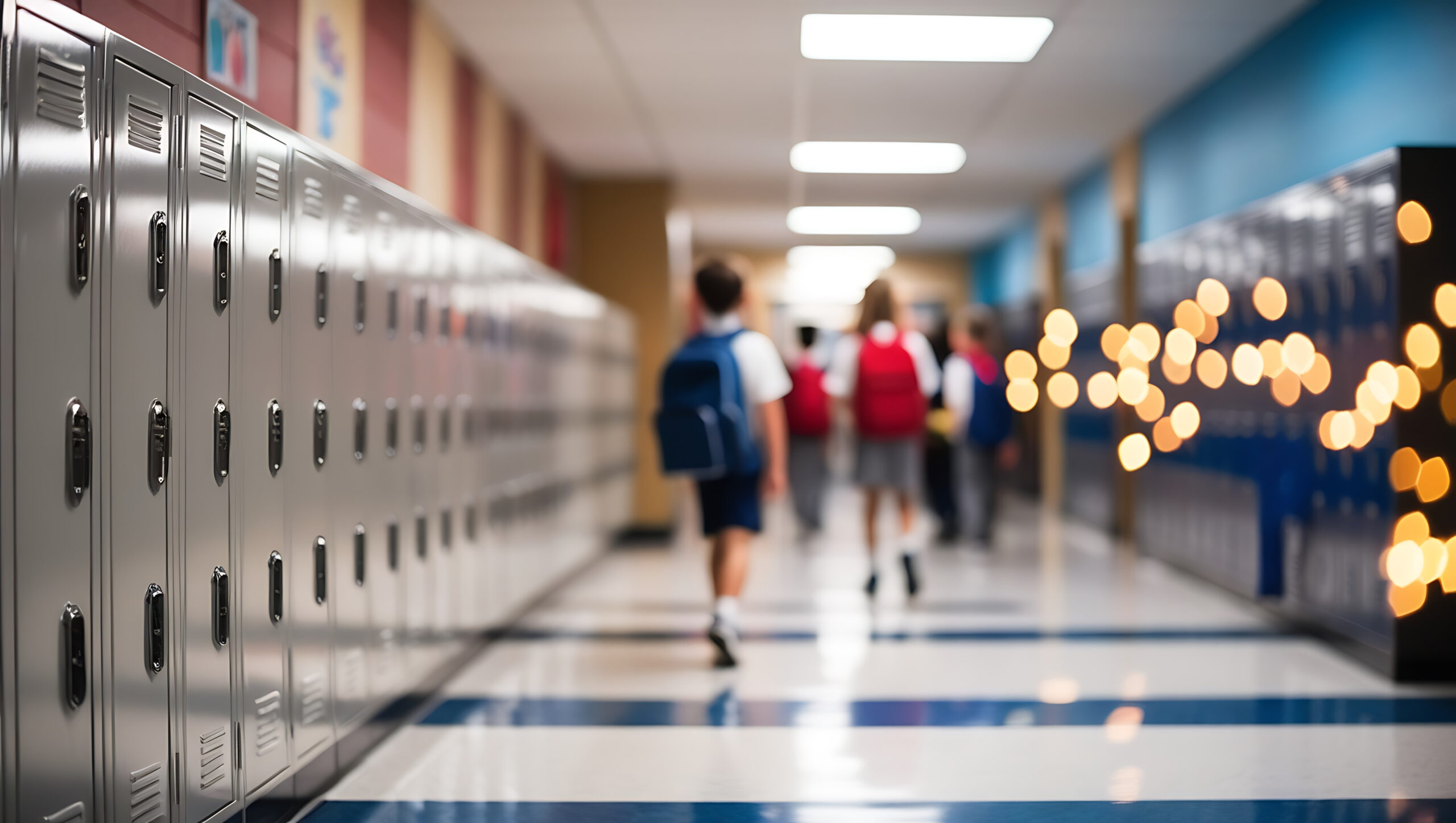 Students move through a school hallway supported by campus-wide network infrastructure behind the scenes.